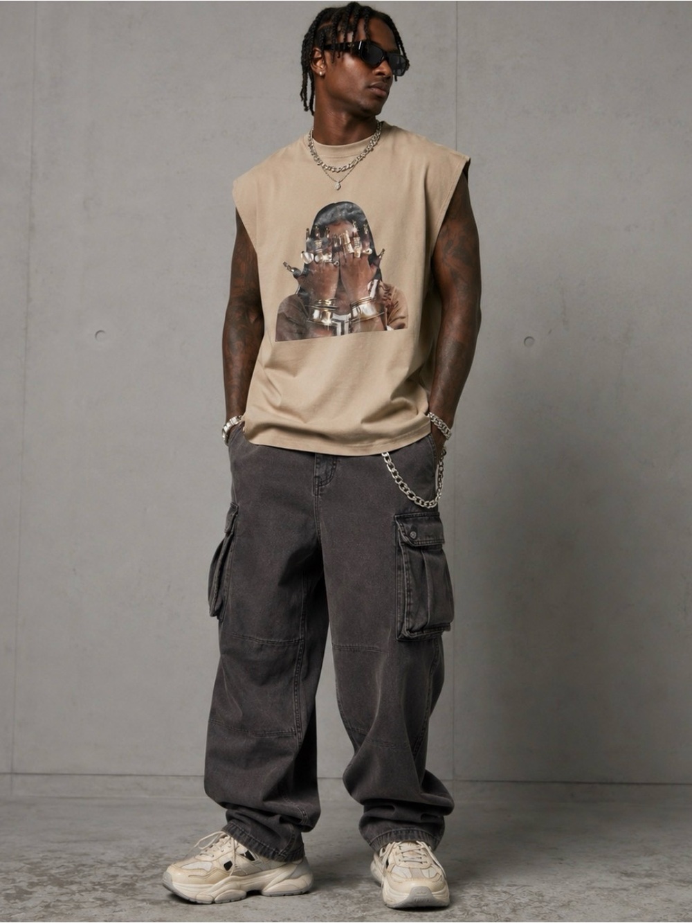 Men’s XL Beige Graphic Sleeveless Tee Fashion Print Streetwear Top